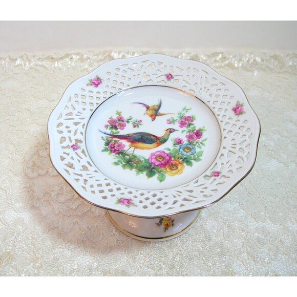 German China Pedestal Dish With Reticulated Edge, Pheasants And Flowers - Picture 1 of 5
